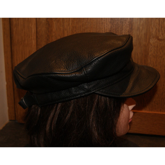 Vintage Biker Motorcycle Black Leather Cabbie Captain Cap Hat Strapback USA Made - Picture 3 of 7